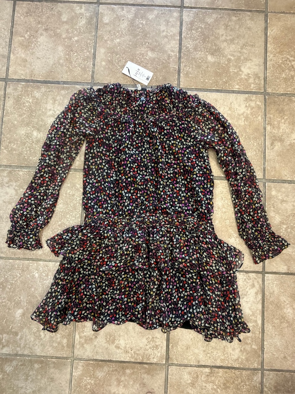 Joie Elsverre Dress Womens 6 Black Floral 100% Silk Ruffle Tiered Mini NWT